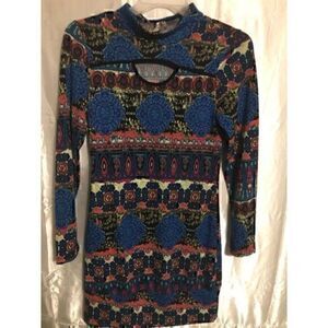 Blue Mock  Key Hole Neck Long Sleeve Bodycon Mini Dress XL